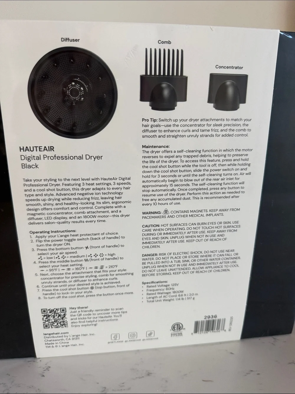 L'ange HauteAir Digital Professional Hair Dryer in black NWT